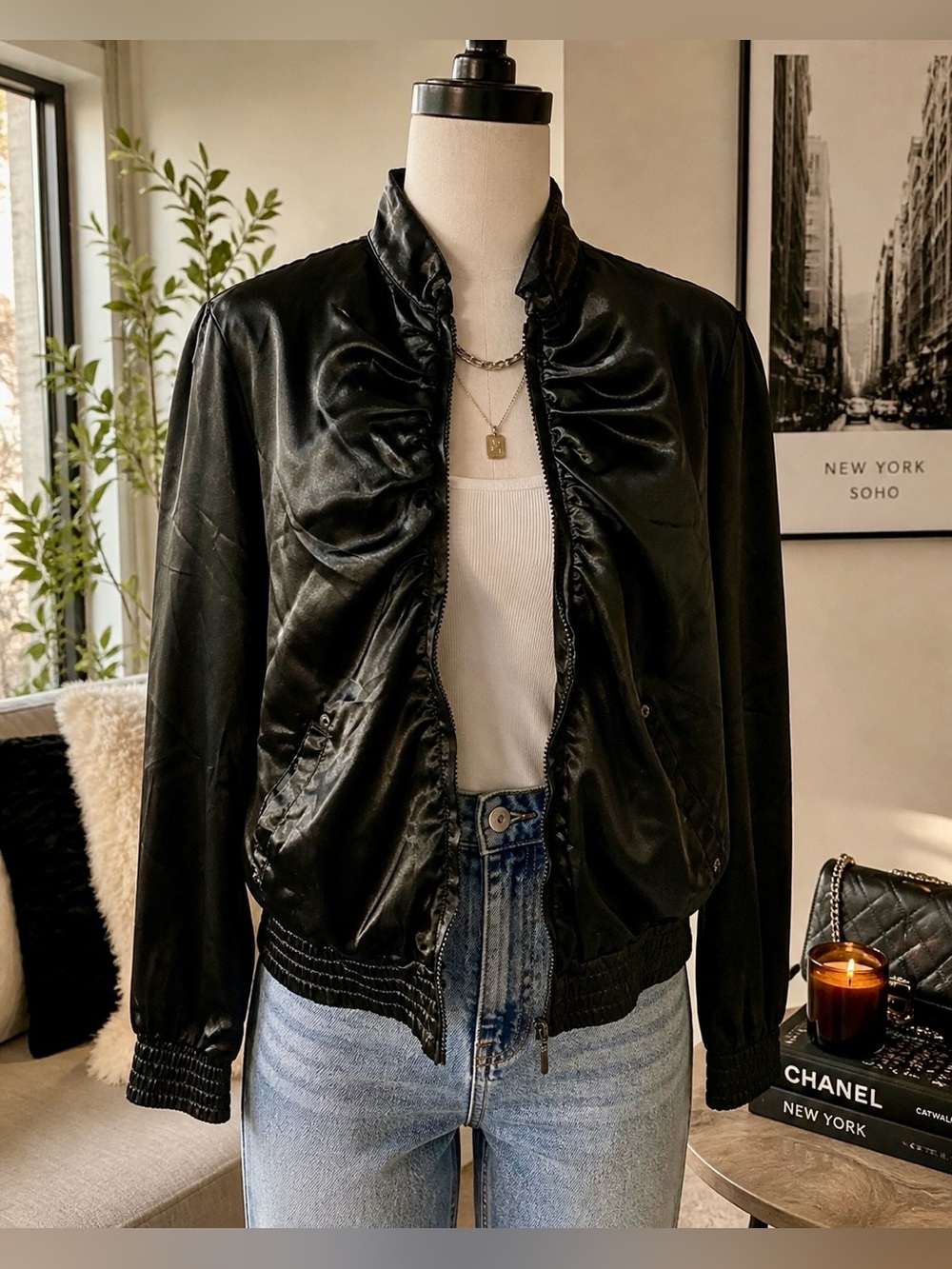 Y2K Black Satin Bomber Jacket Ruched Front Cropped Lightweight Large